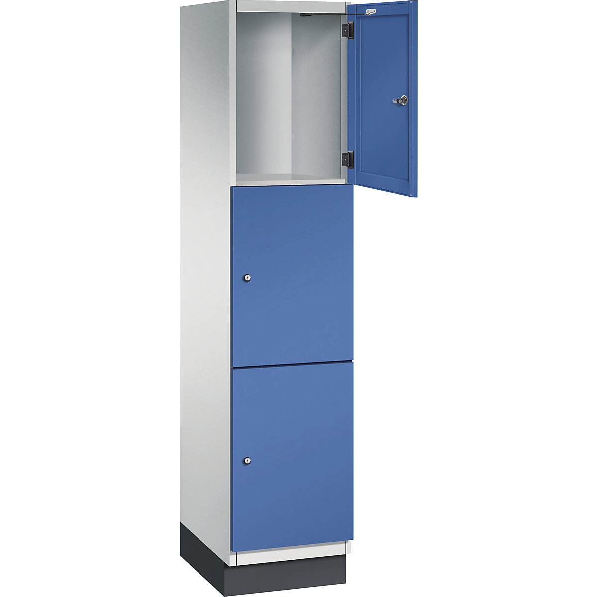 Armário de cacifos com 3 compartimentos Cambio – C+P, 1 compartimento, cinzento claro/azul genciana, porta em chapa de aço, L 400 mm, 3 compartimentos-3
