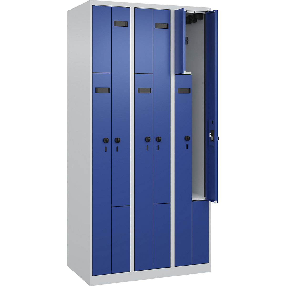 Taquilla en Z Evolo PLUS, 3 secciones, gris luminoso / azul genciana, A 900 mm, 6 compartimentos, con tacos, pasador giratorio de seguridad-48