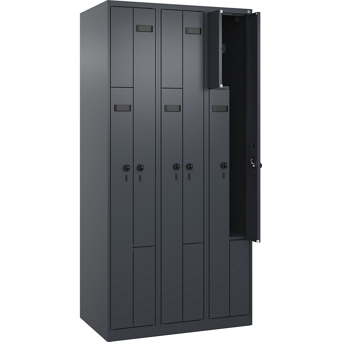 Taquilla en Z Evolo PLUS, 3 secciones, gris, A 900 mm, 6 compartimentos, con tacos, pasador giratorio de seguridad-25