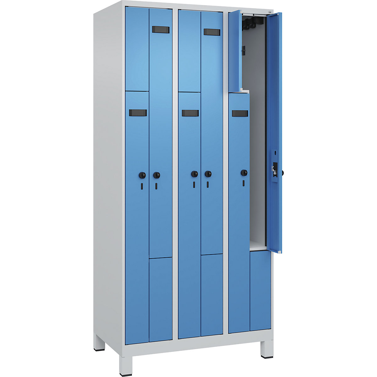 Taquilla en Z Evolo PLUS, 3 secciones, gris luminoso / azul luminoso, A 900 mm, 6 compartimentos, con patas anchas, pasador giratorio de seguridad-156
