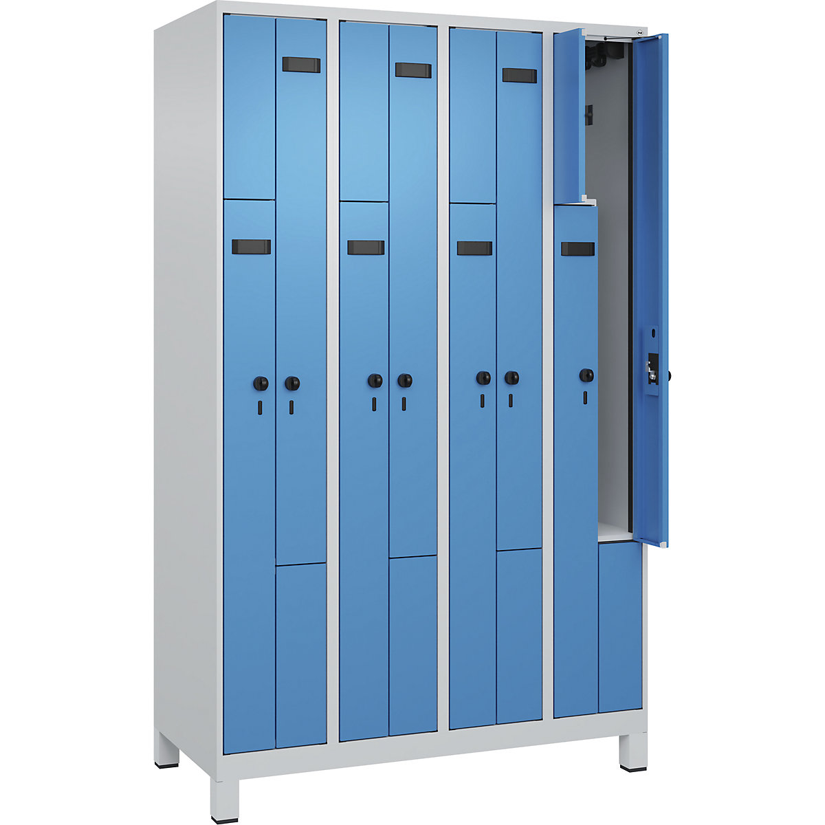 Taquilla en Z Evolo PLUS, 4 secciones, gris luminoso / azul luminoso, A 1200 mm, 8 compartimentos, con patas anchas, pasador giratorio de seguridad-110