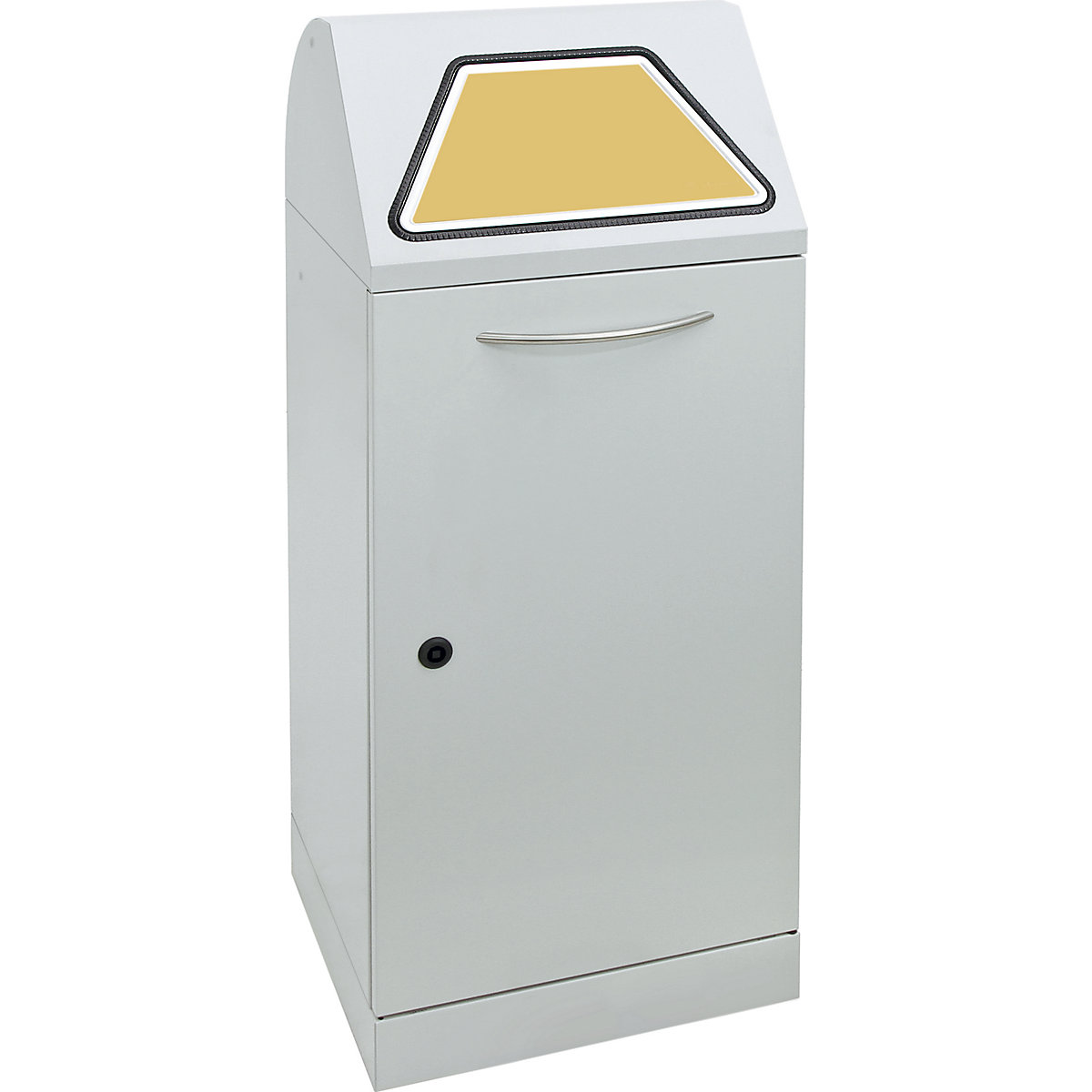 Recyclable waste container, manually operated access flap