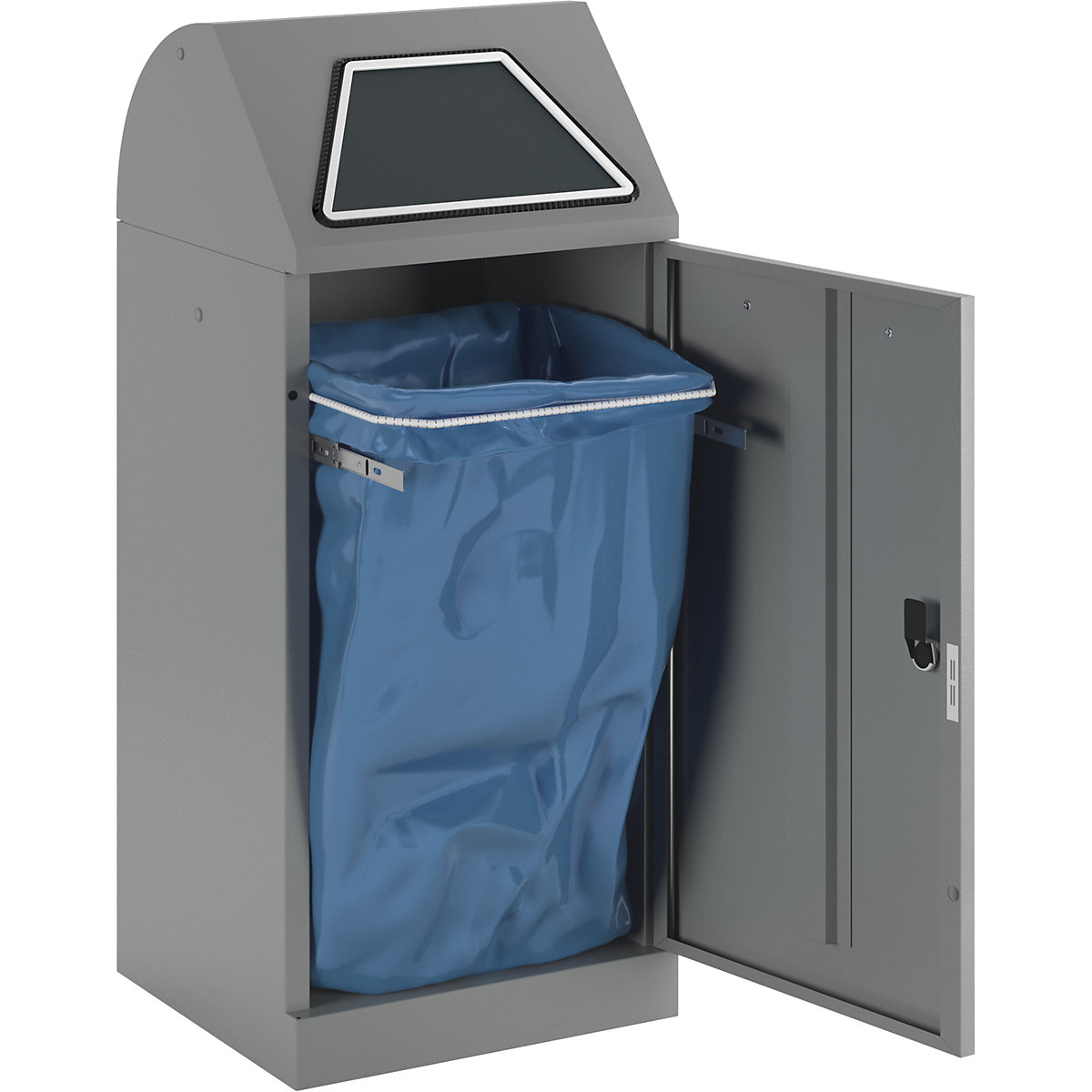 Recyclable waste container, manually operated access flap