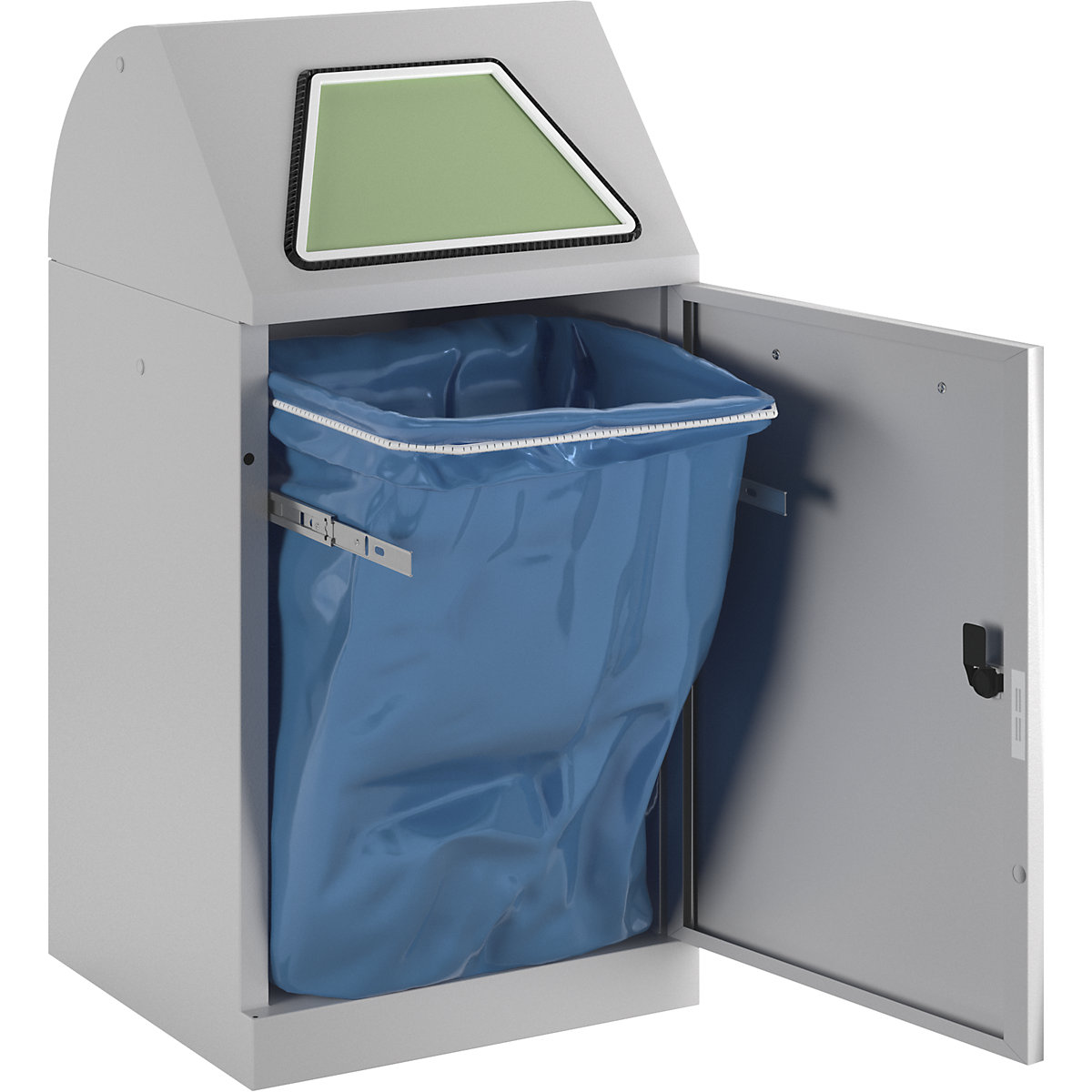 Recyclable waste container, manually operated access flap