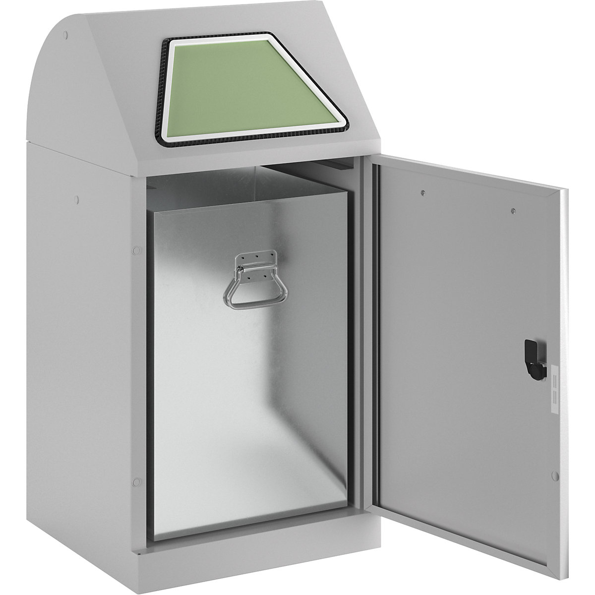 Recyclable waste container, manually operated access flap