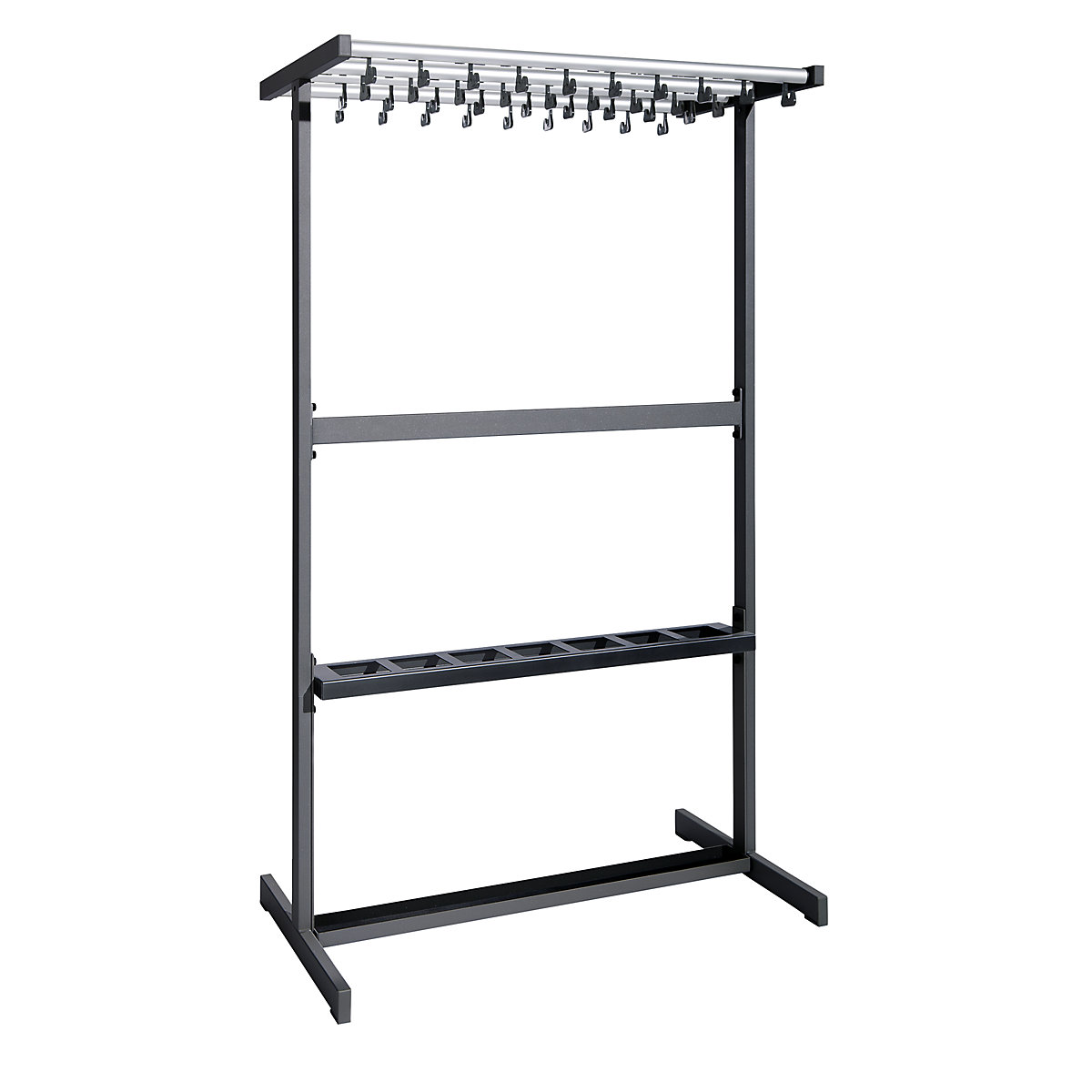 Bengaleiro em fila de dois lados – eurokraft pro, sem cabides, preto, com suporte para guarda-chuvas-0