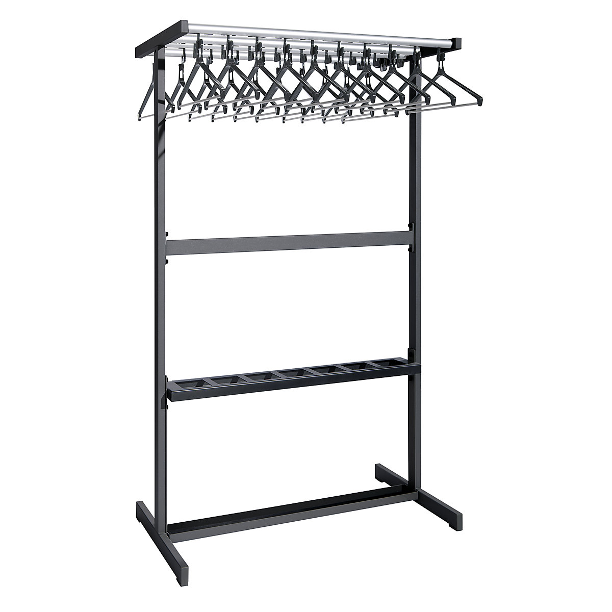 Bengaleiro em fila de dois lados – eurokraft pro, com cabides, preto, com suporte para guarda-chuvas-0