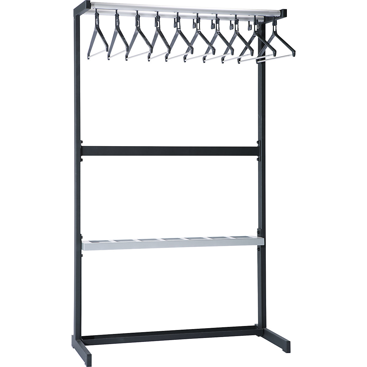 Bengaleiro em fila de um lado – eurokraft pro, com cabides, preto, com suporte para guarda-chuvas-0