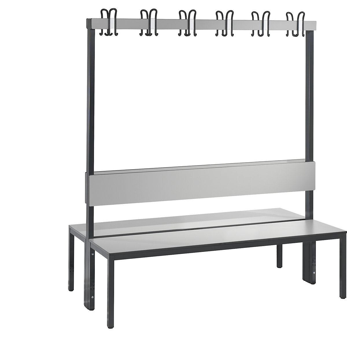 Banco de vestiário COMFORT, com dois lados – C+P, HPL, encosto e barra de ganchos, comprimento 1500 mm, cinzento prateado-0