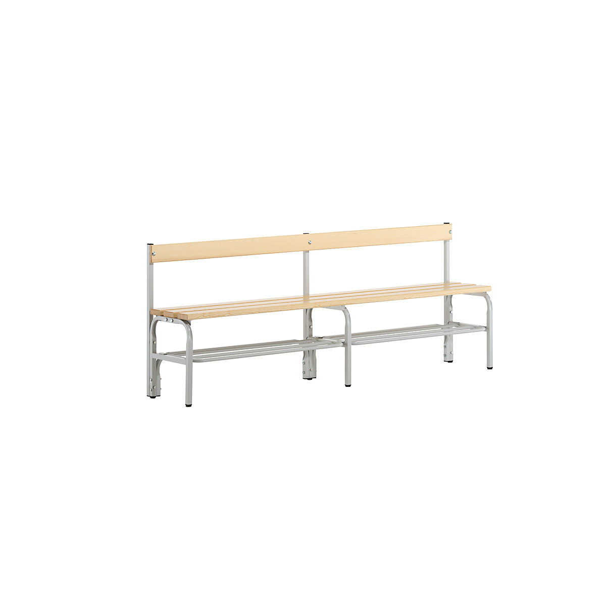 Banco de vestiário a meia altura com encosto, de um lado – Sypro, ripas em madeira de pinho, comprimento 1500 mm, cinzento claro, grade para sapatos-0