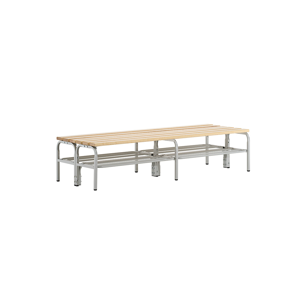 Banco de vestiário, com dois lados – Sypro, ripas em madeira de pinho, comprimento 1500 mm, com grade para sapatos-0