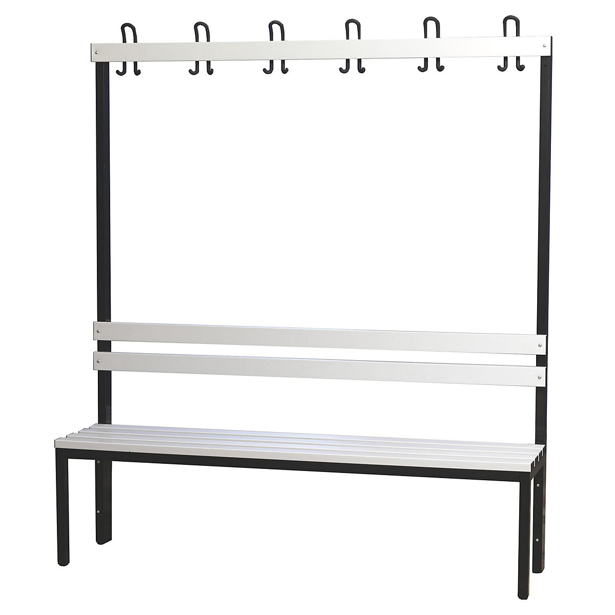 Banco de vestiário com encosto, unilateral – Wolf, ripas em PVC, comprimento 1500 mm-0