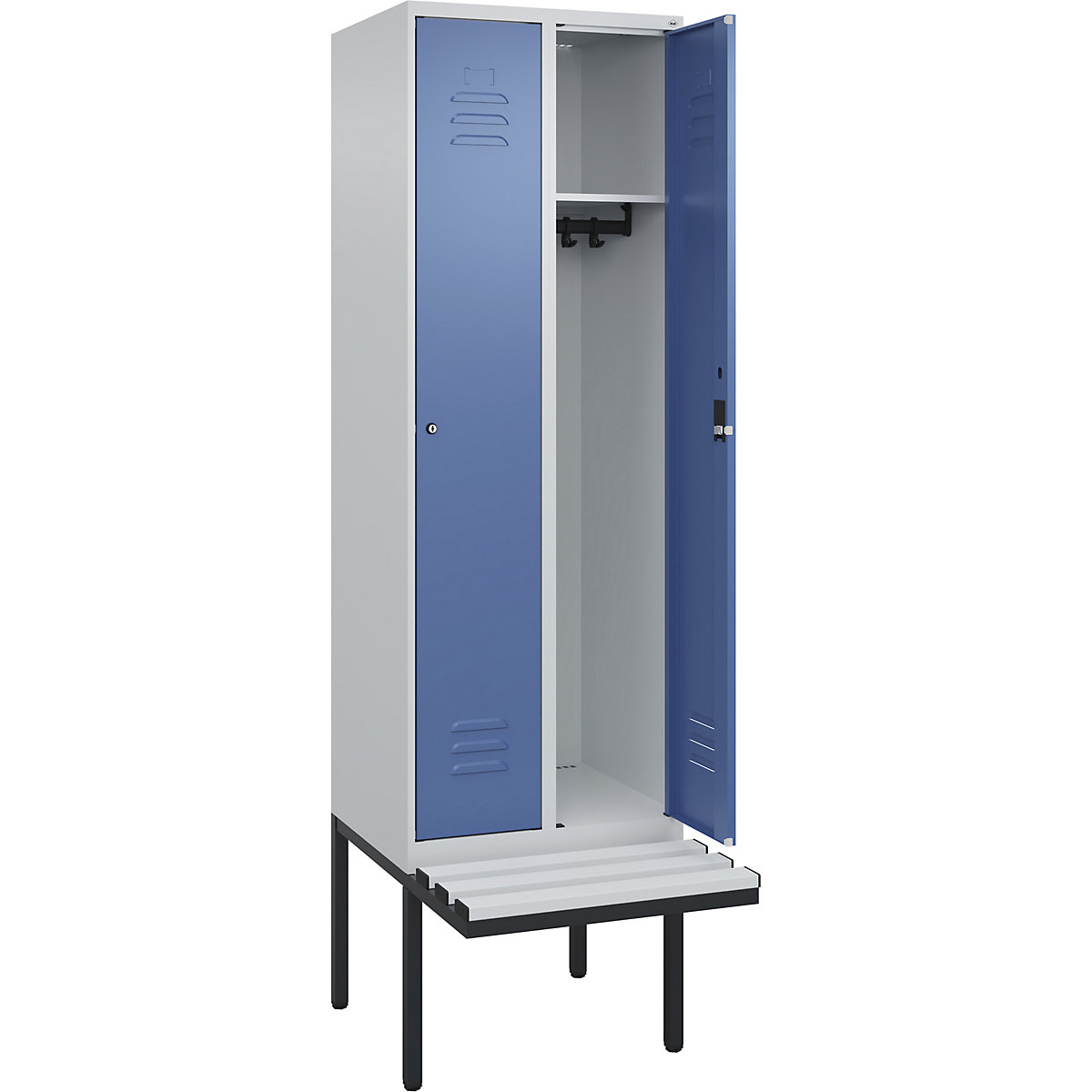 Cacifo Classic PLUS com banco – C+P, 2 compartimentos, cinzento claro/azul distante, L 600 mm, fechadura de cilindro, saliente, plástico-0
