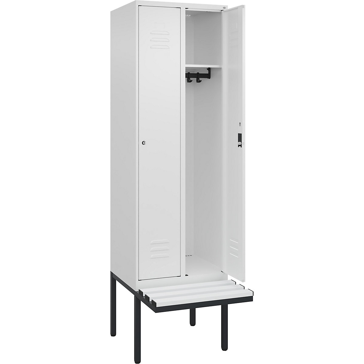 Cacifo Classic PLUS com banco – C+P, 2 compartimentos, branco trânsito, L 600 mm, fechadura de cilindro, saliente, plástico-0