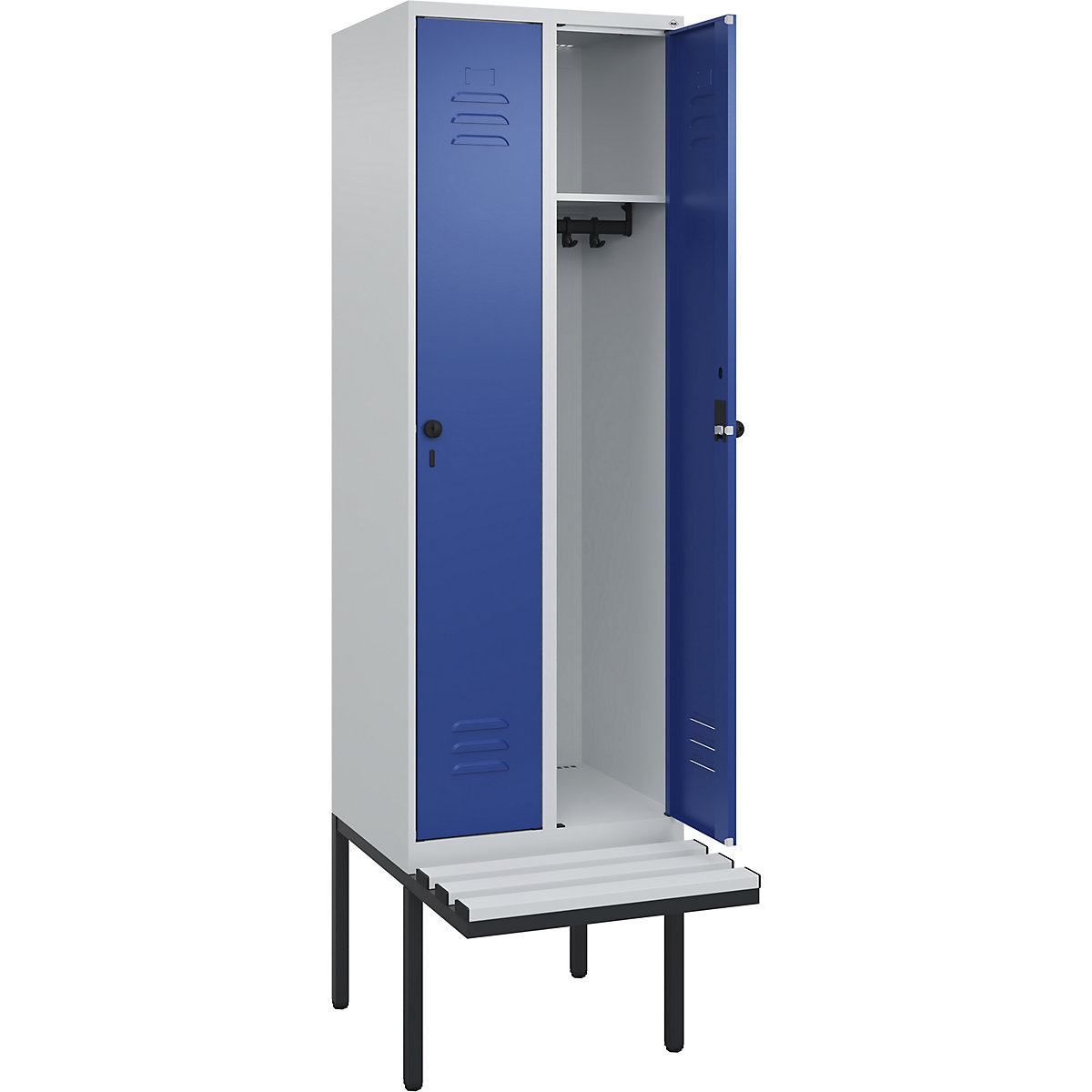 Cacifo Classic PLUS com banco – C+P, 2 compartimentos, cinzento claro/azul genciana, L 600 mm, trinco de segurança rotativo, saliente, plástico-0
