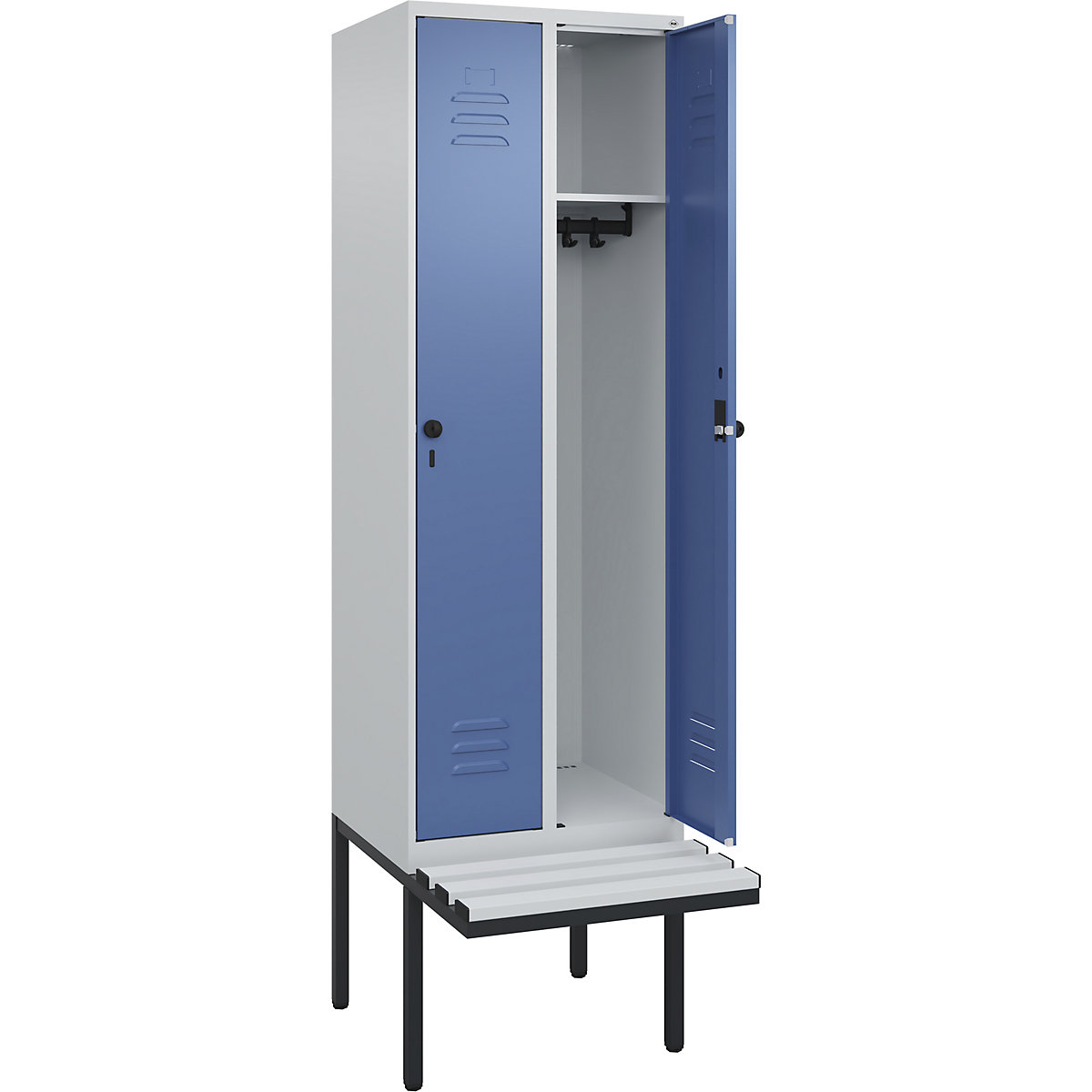Cacifo Classic PLUS com banco – C+P, 2 compartimentos, cinzento claro/azul distante, L 600 mm, trinco de segurança rotativo, saliente, plástico-0