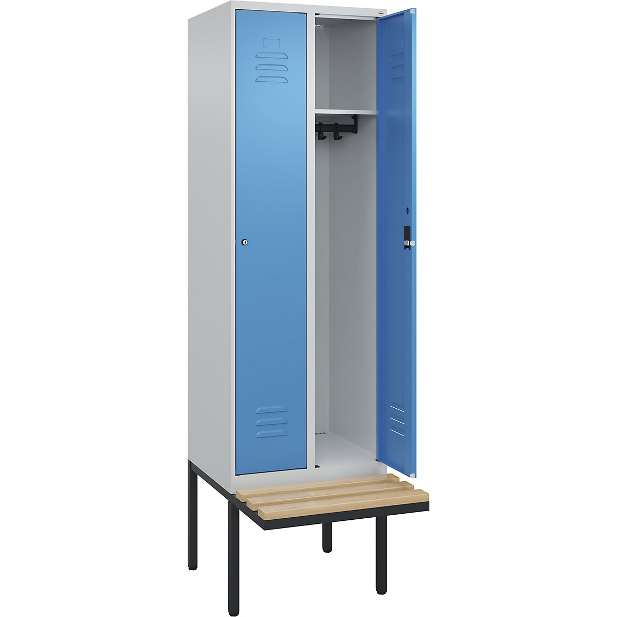 Cacifo Classic PLUS com banco – C+P, 2 compartimentos, cinzento claro/azul claro, L 600 mm, fechadura de cilindro, saliente, madeira dura de faia-0