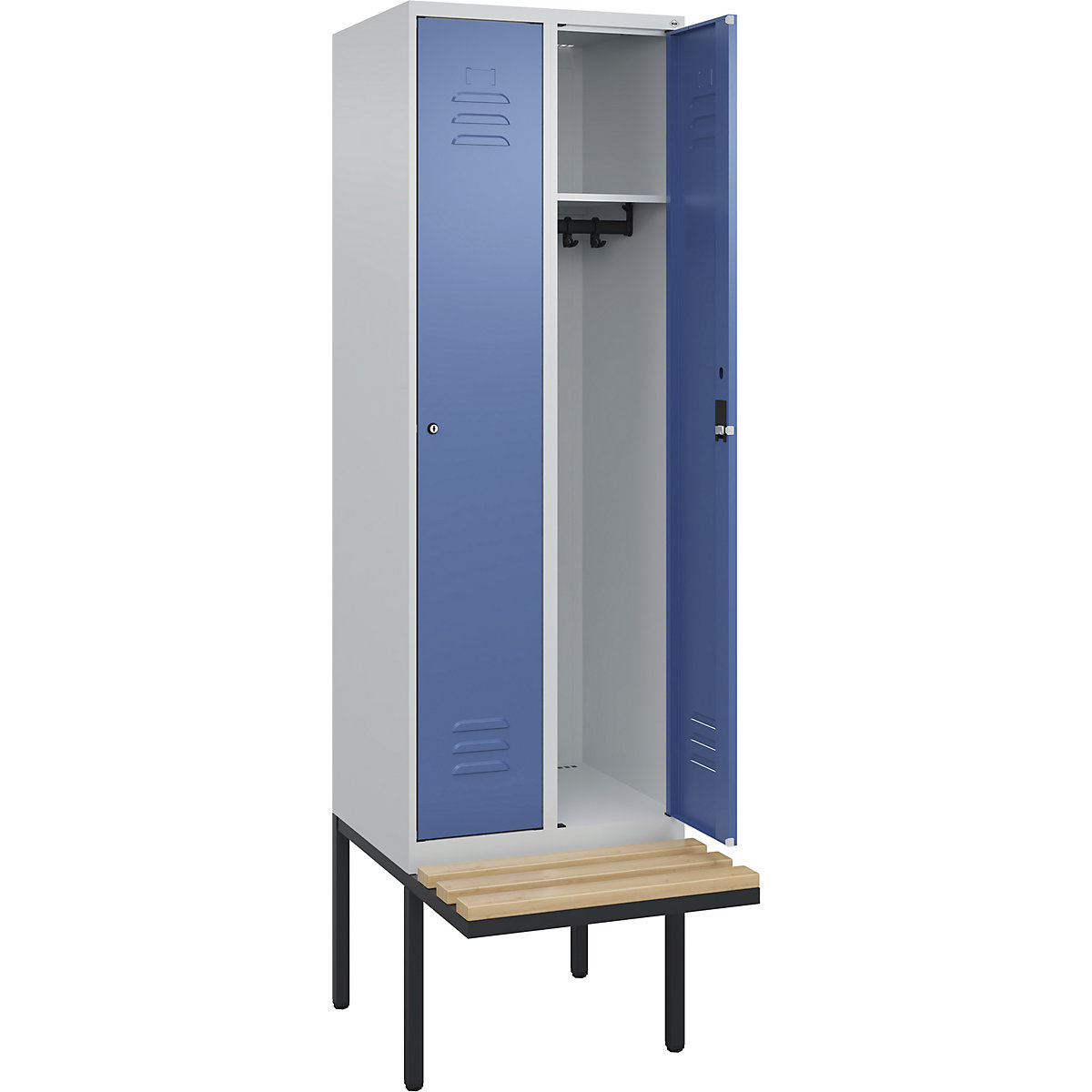 Cacifo Classic PLUS com banco – C+P, 2 compartimentos, cinzento claro/azul distante, L 600 mm, fechadura de cilindro, saliente, madeira dura de faia-0