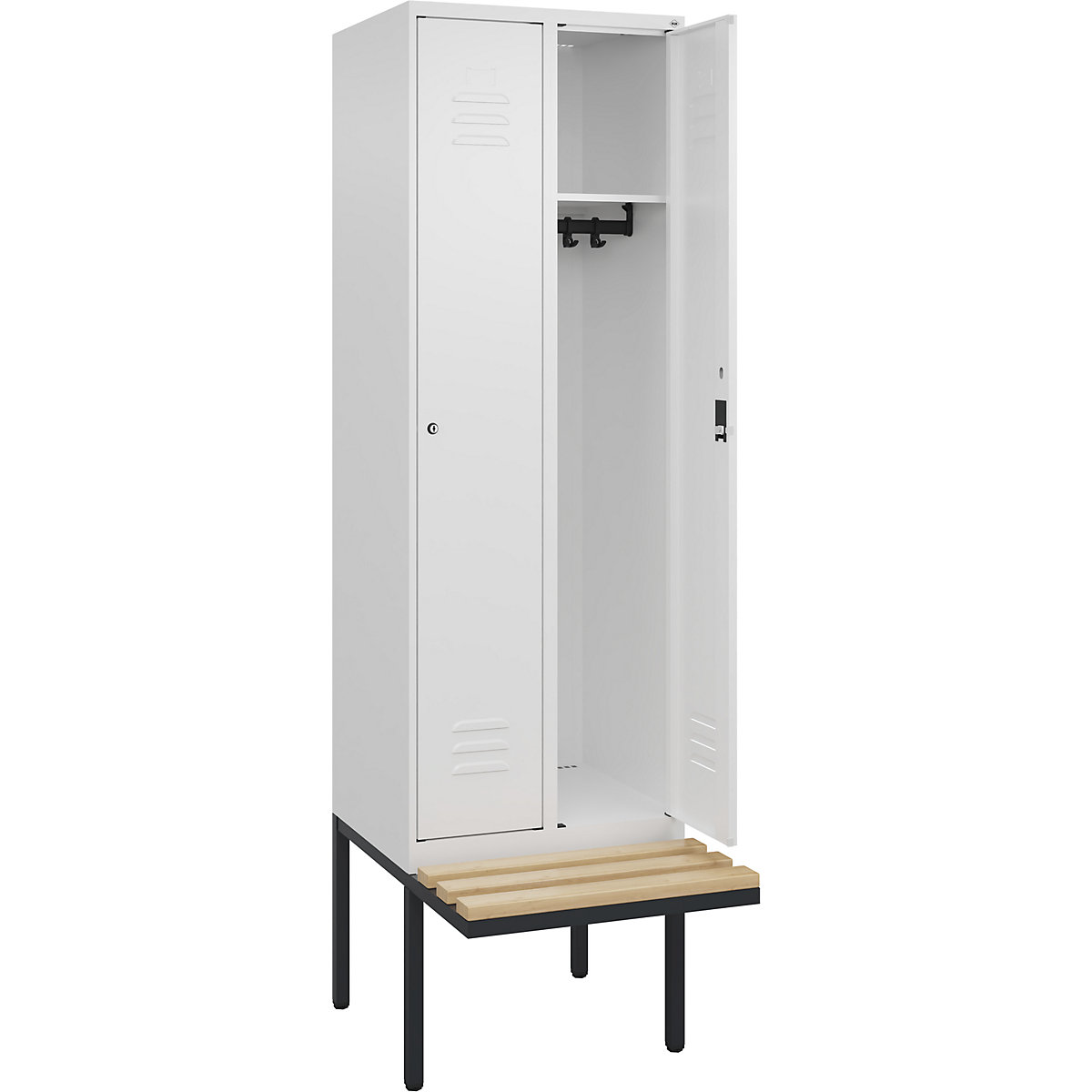 Cacifo Classic PLUS com banco – C+P, 2 compartimentos, branco trânsito, L 600 mm, fechadura de cilindro, saliente, madeira dura de faia-0