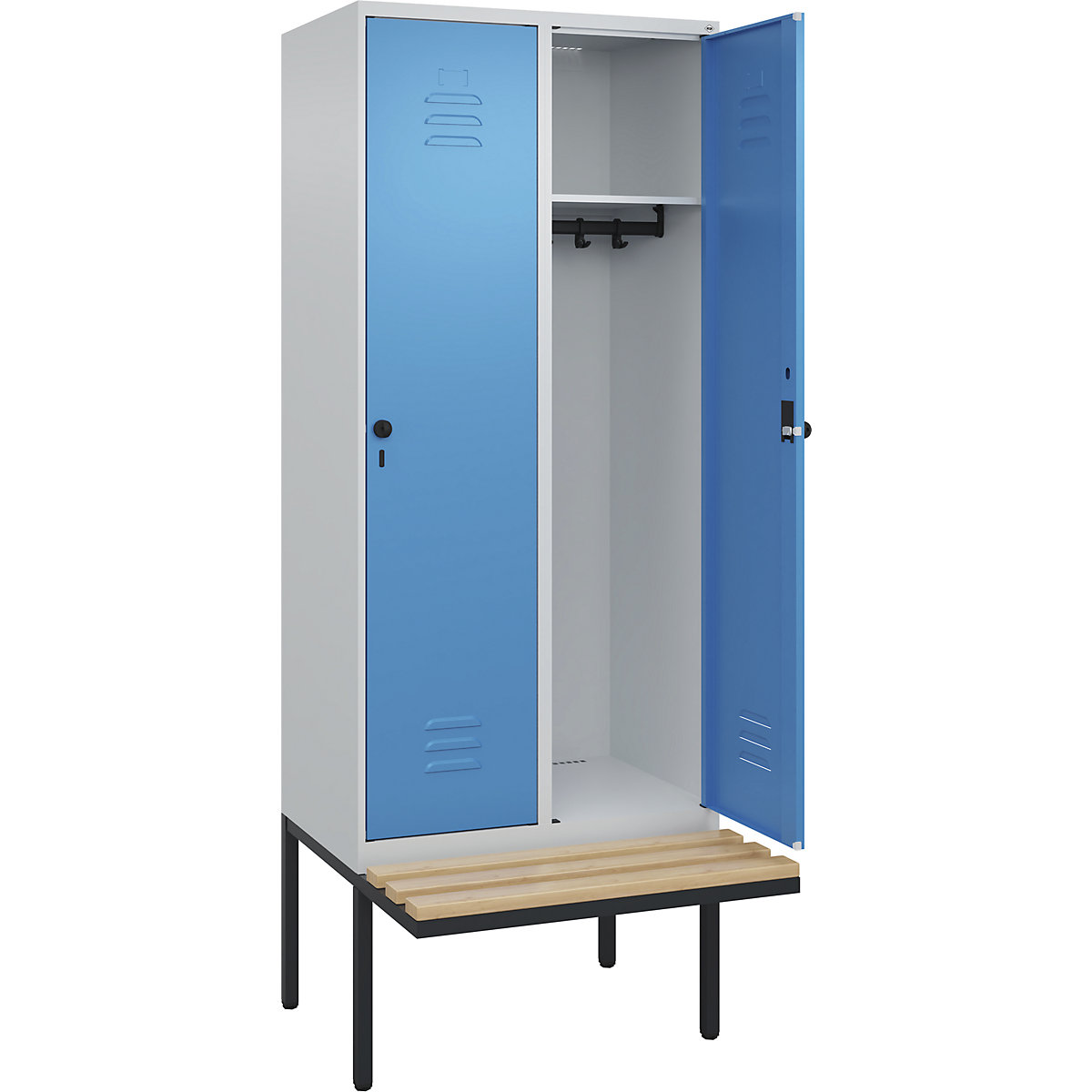 Cacifo Classic PLUS com banco – C+P, 2 compartimentos, cinzento claro/azul claro, L 800 mm, trinco de segurança rotativo, saliente, madeira dura de faia-0