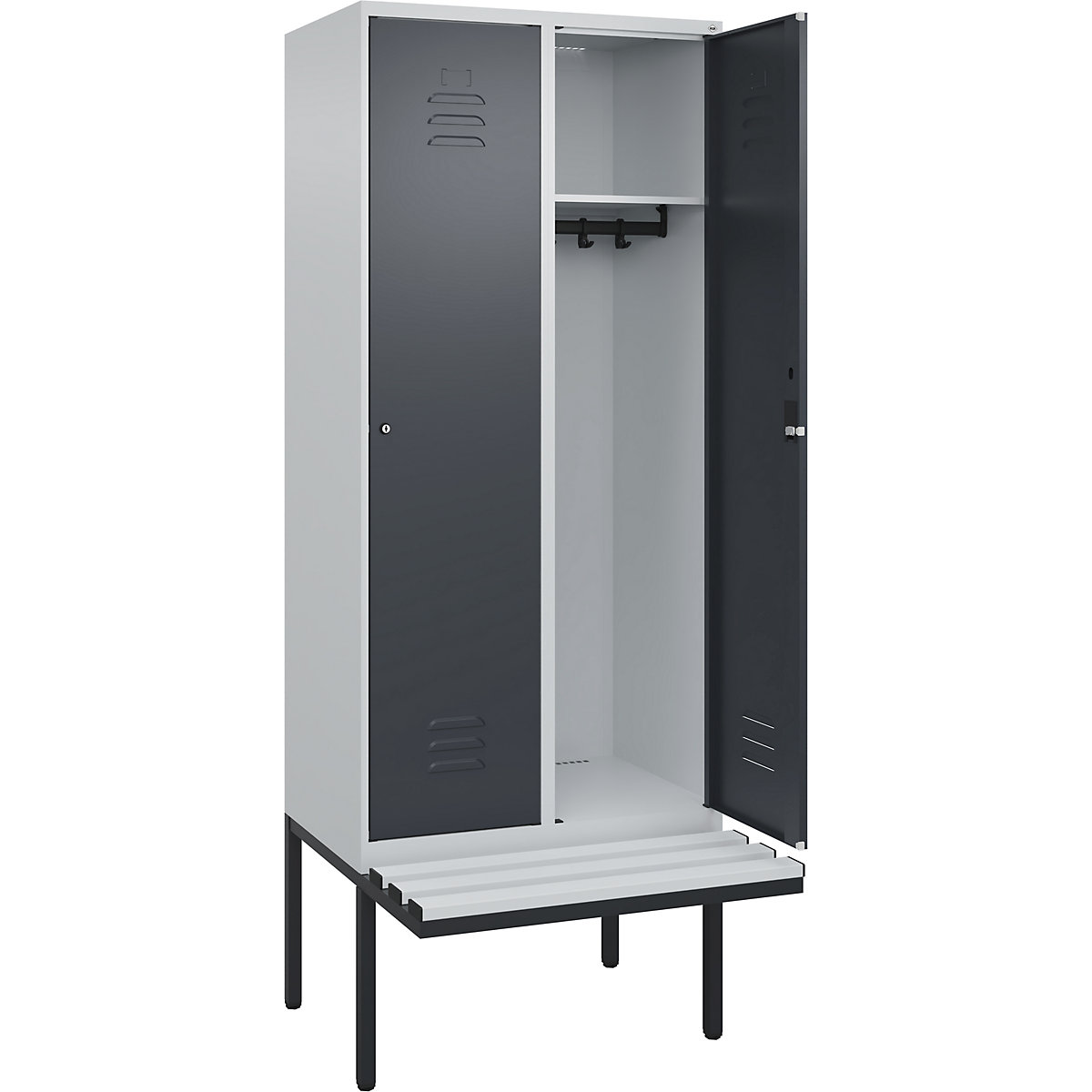 Cacifo Classic PLUS com banco – C+P, 2 compartimentos, cinzento claro/cinzento, L 800 mm, fechadura de cilindro, saliente, plástico-0