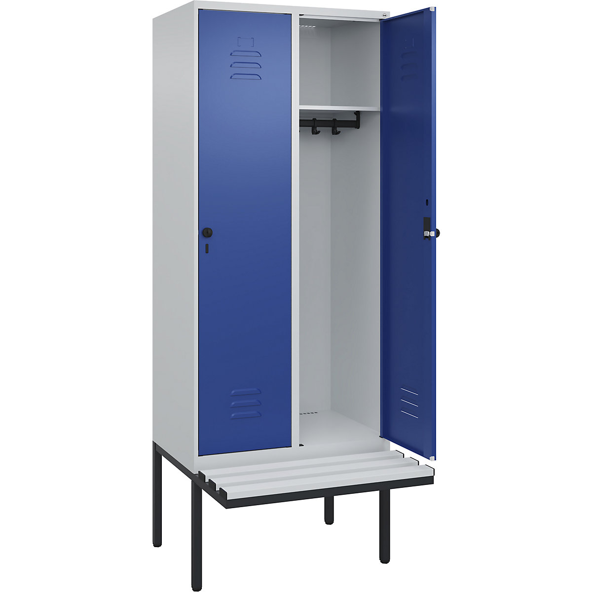 Cacifo Classic PLUS com banco – C+P, 2 compartimentos, cinzento claro/azul genciana, L 800 mm, trinco de segurança rotativo, saliente, plástico-0