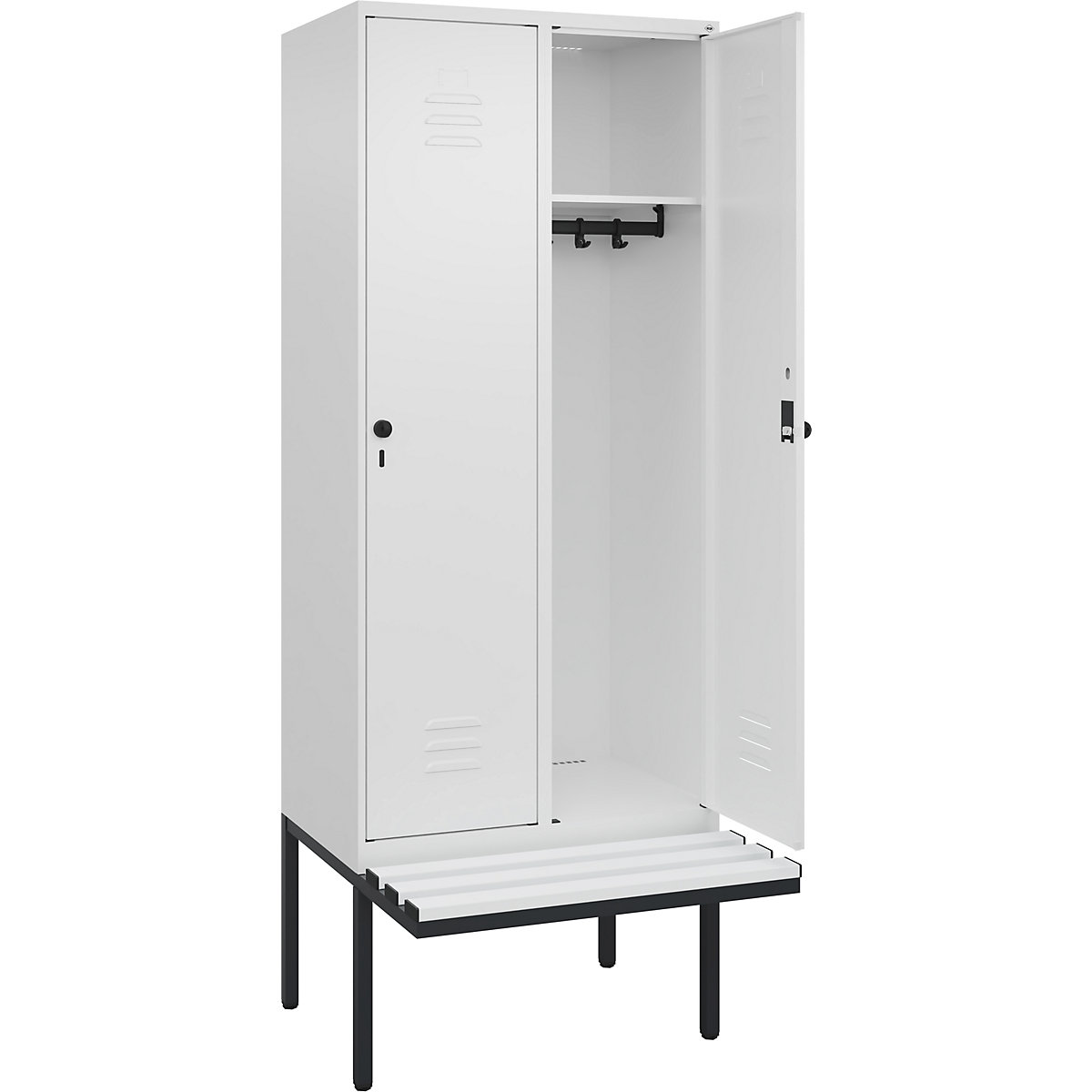 Cacifo Classic PLUS com banco – C+P, 2 compartimentos, branco trânsito, L 800 mm, trinco de segurança rotativo, saliente, plástico-0