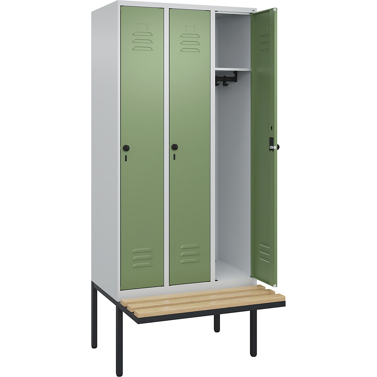 Cacifo Classic PLUS com banco – C+P, 3 compartimentos, cinzento claro/verde reseda, L 900 mm, trinco de segurança rotativo, saliente, madeira dura de faia-0
