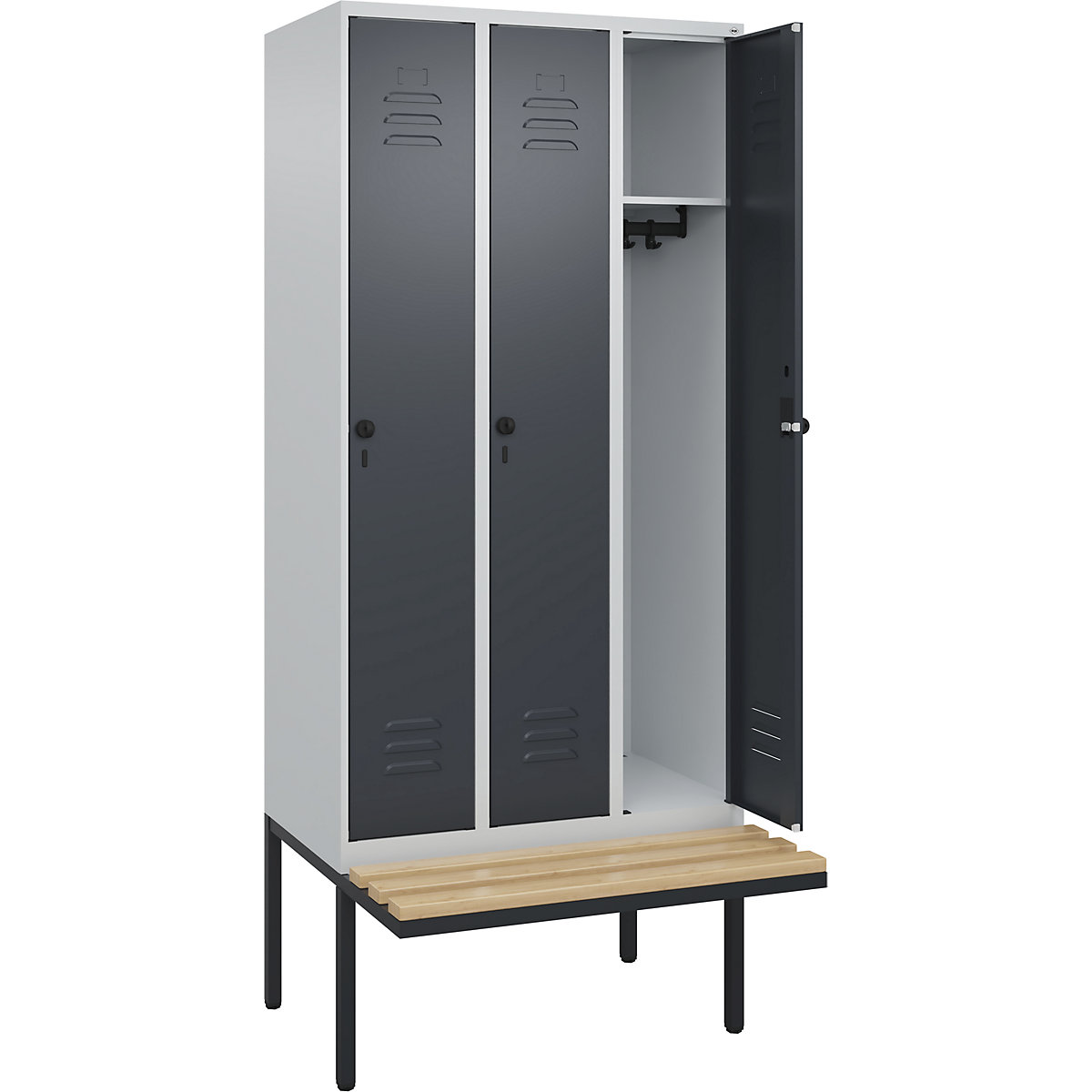 Cacifo Classic PLUS com banco – C+P, 3 compartimentos, cinzento claro/cinzento, L 900 mm, trinco de segurança rotativo, saliente, madeira dura de faia-0