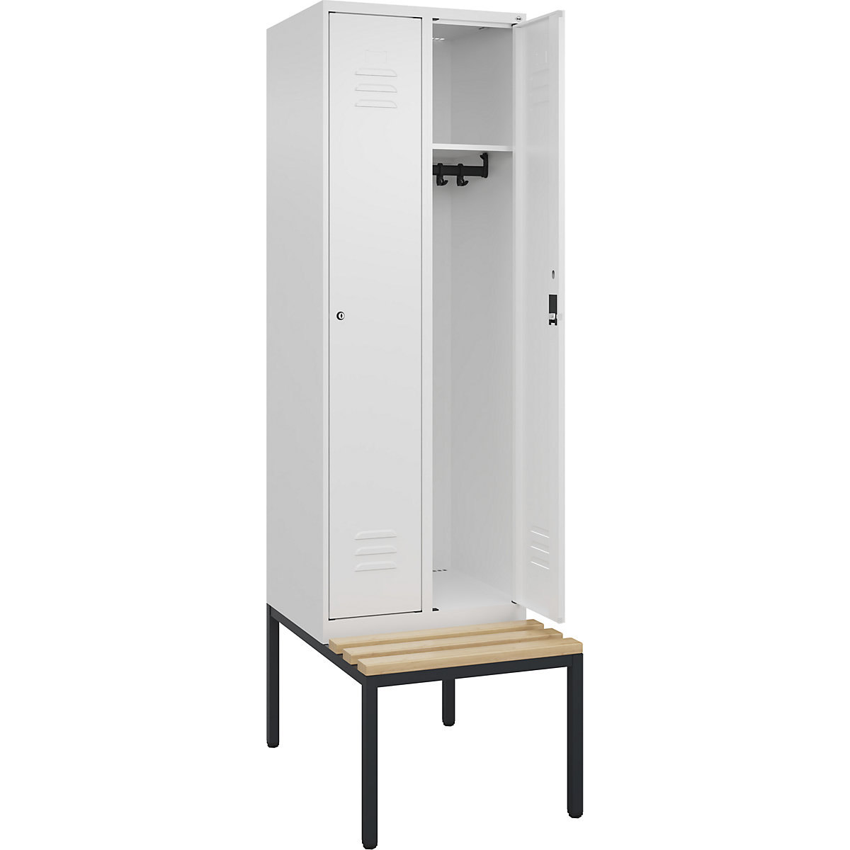 Cacifo Classic PLUS com banco – C+P, 2 compartimentos, branco trânsito, L 600 mm, fechadura de cilindro, incorporado, madeira dura de faia-0