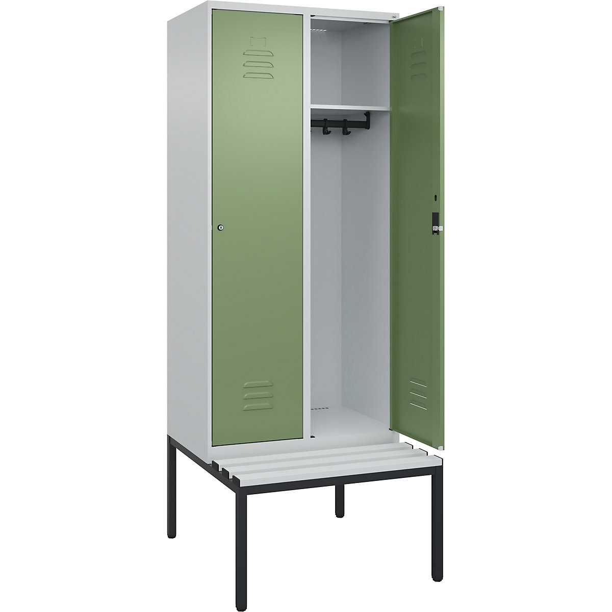 Cacifo Classic PLUS com banco – C+P, 2 compartimentos, cinzento claro/verde reseda, L 800 mm, fechadura de cilindro, incorporado, plástico-0