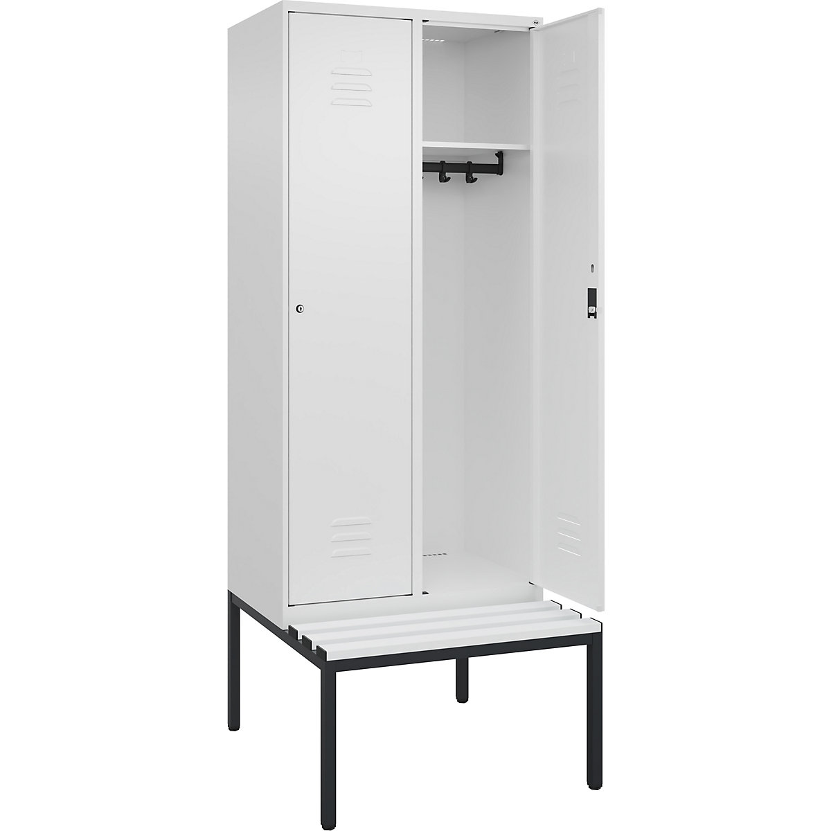 Cacifo Classic PLUS com banco – C+P, 2 compartimentos, branco trânsito, L 800 mm, fechadura de cilindro, incorporado, plástico-0