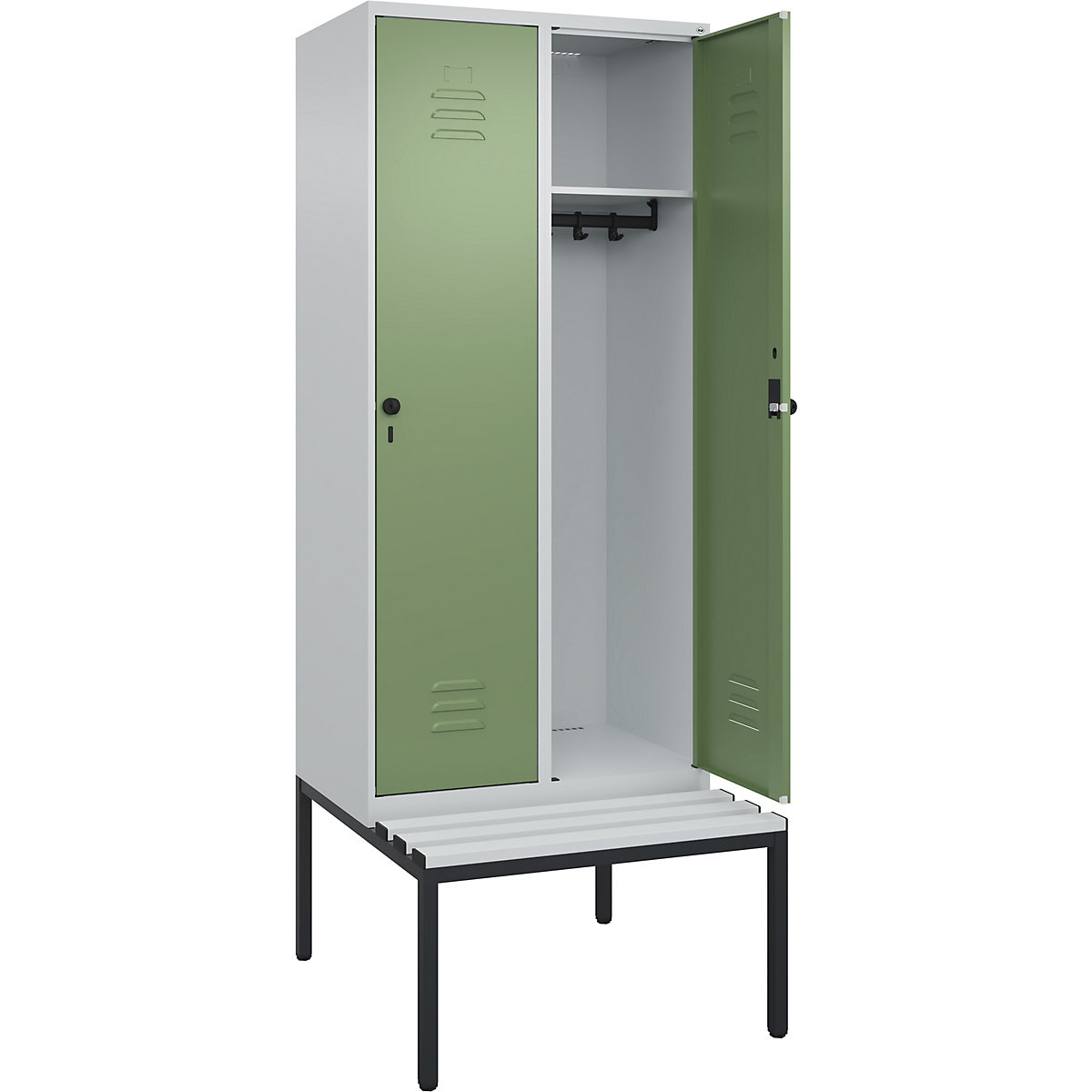 Cacifo Classic PLUS com banco – C+P, 2 compartimentos, cinzento claro/verde reseda, L 800 mm, trinco de segurança rotativo, incorporado, plástico-0