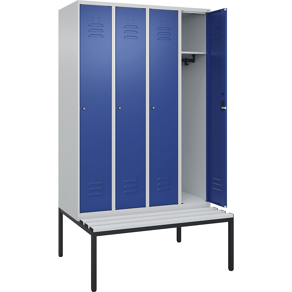 Cacifo Classic PLUS com banco – C+P, 4 compartimentos, cinzento claro/azul genciana, L 1200 mm, fechadura de cilindro, incorporado, plástico-0