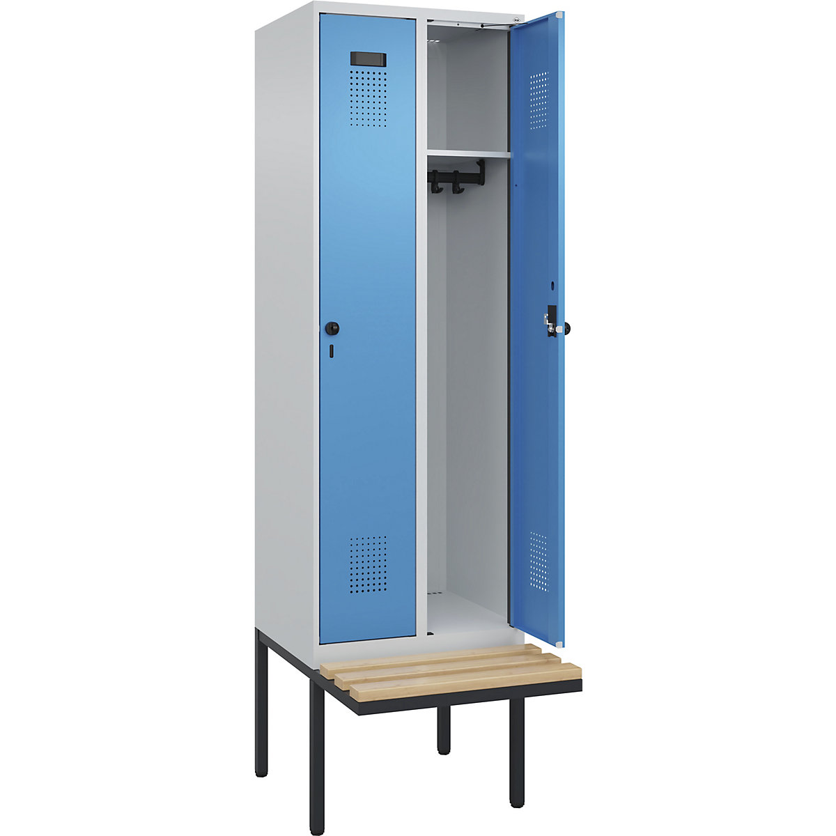 Cacifo Evolo PLUS com banco, 2 compartimentos, cinzento claro/azul claro, L 600 mm, trinco de segurança rotativo, com banco saliente, faia-0