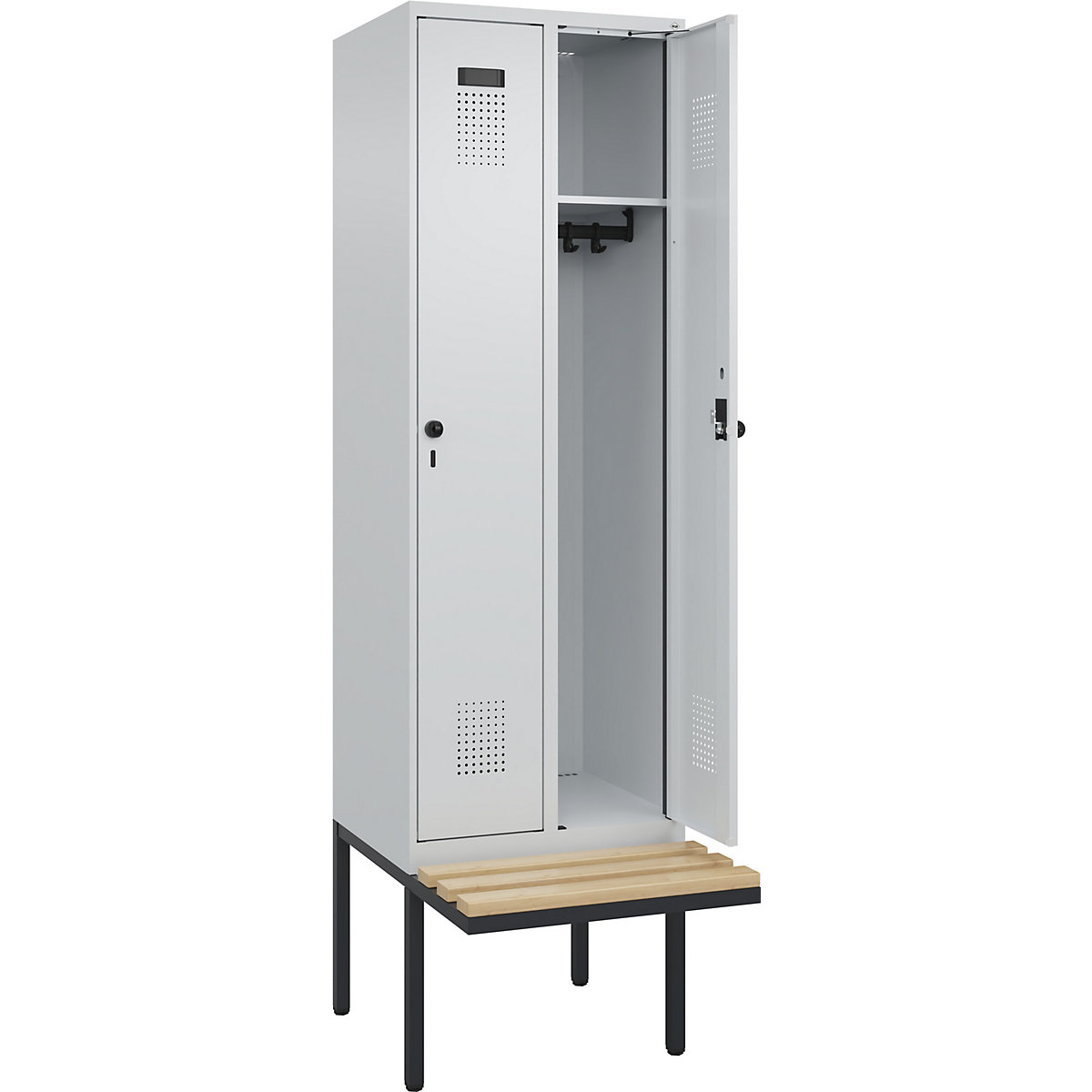 Cacifo Evolo PLUS com banco, 2 compartimentos, cinzento claro/cinzento claro, L 600 mm, trinco de segurança rotativo, com banco saliente, faia-0