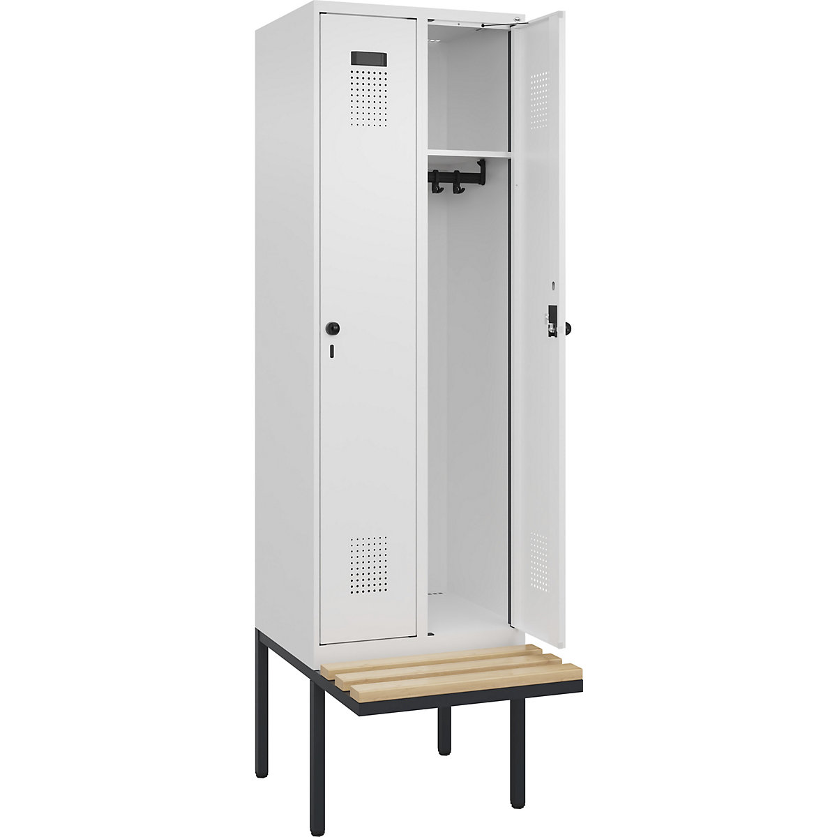 Cacifo Evolo PLUS com banco, 2 compartimentos, branco, L 600 mm, trinco de segurança rotativo, com banco saliente, faia-0