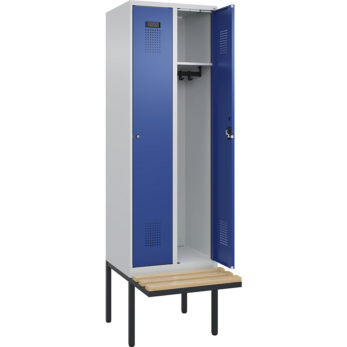 Cacifo Evolo PLUS com banco, 2 compartimentos, cinzento claro/azul genciana, L 600 mm, fechadura de cilindro, com banco saliente, faia-0