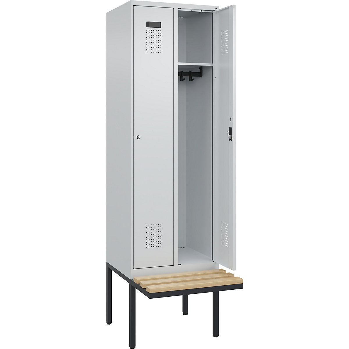 Cacifo Evolo PLUS com banco, 2 compartimentos, cinzento claro/cinzento claro, L 600 mm, fechadura de cilindro, com banco saliente, faia-0