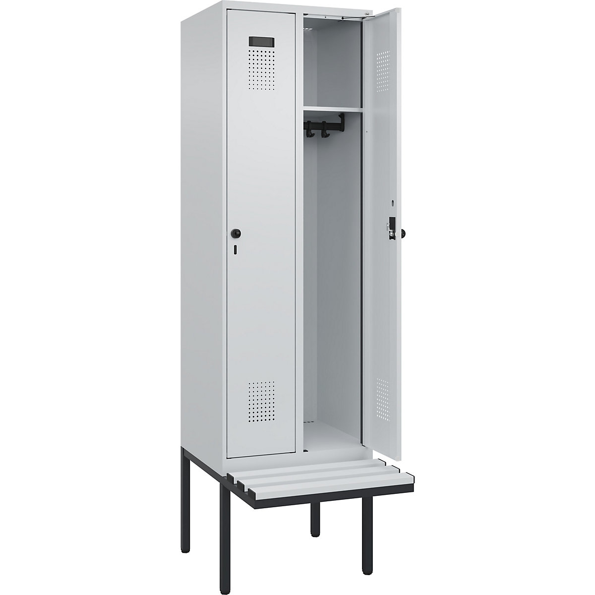Cacifo Evolo PLUS com banco, 2 compartimentos, cinzento claro/cinzento claro, L 600 mm, trinco de segurança rotativo, com banco saliente, plástico-0