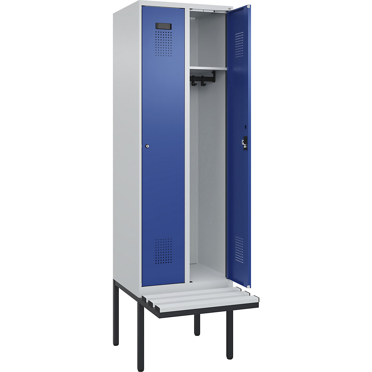 Cacifo Evolo PLUS com banco, 2 compartimentos, cinzento claro/azul genciana, L 600 mm, fechadura de cilindro, com banco saliente, plástico-0