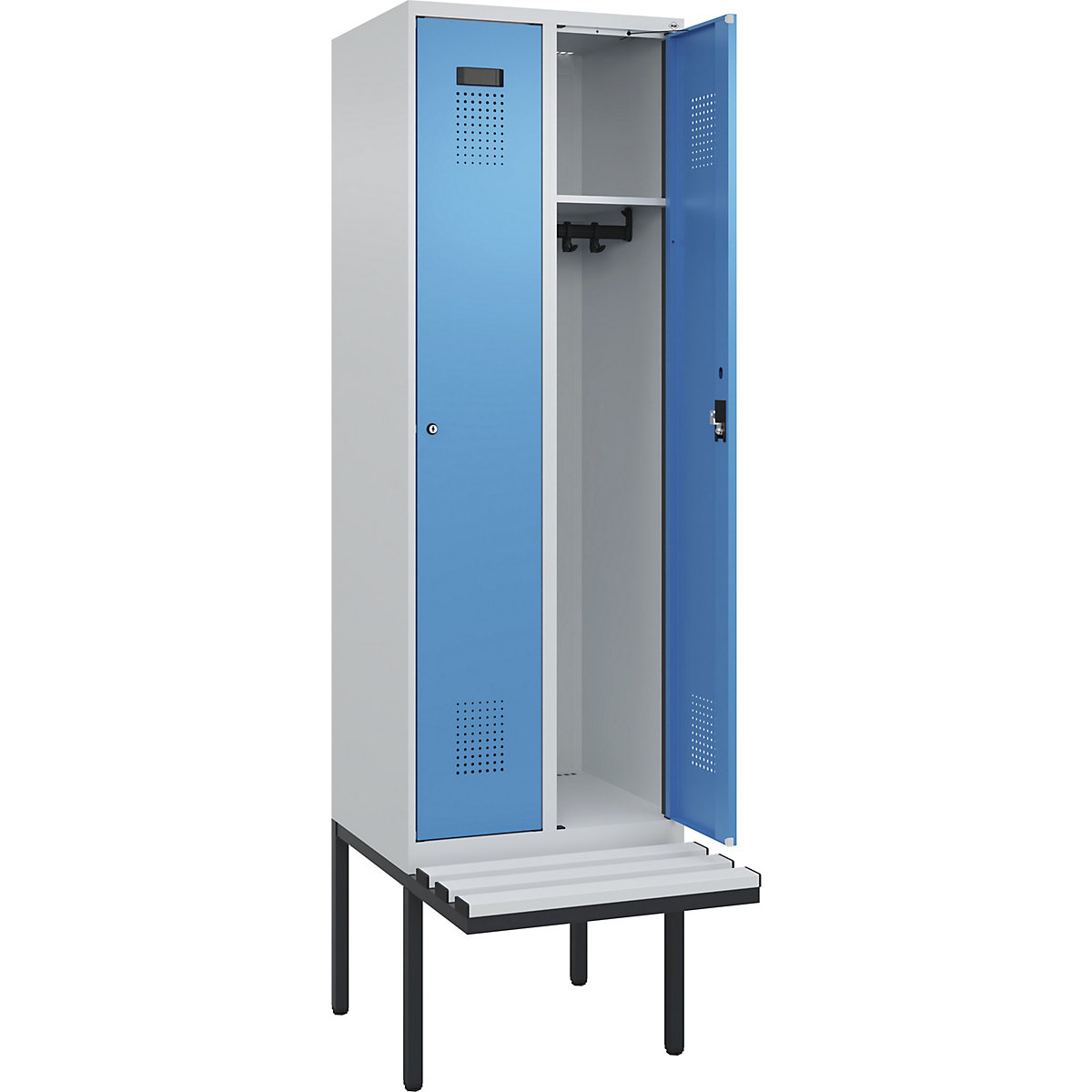 Cacifo Evolo PLUS com banco, 2 compartimentos, cinzento claro/azul claro, L 600 mm, fechadura de cilindro, com banco saliente, plástico-0