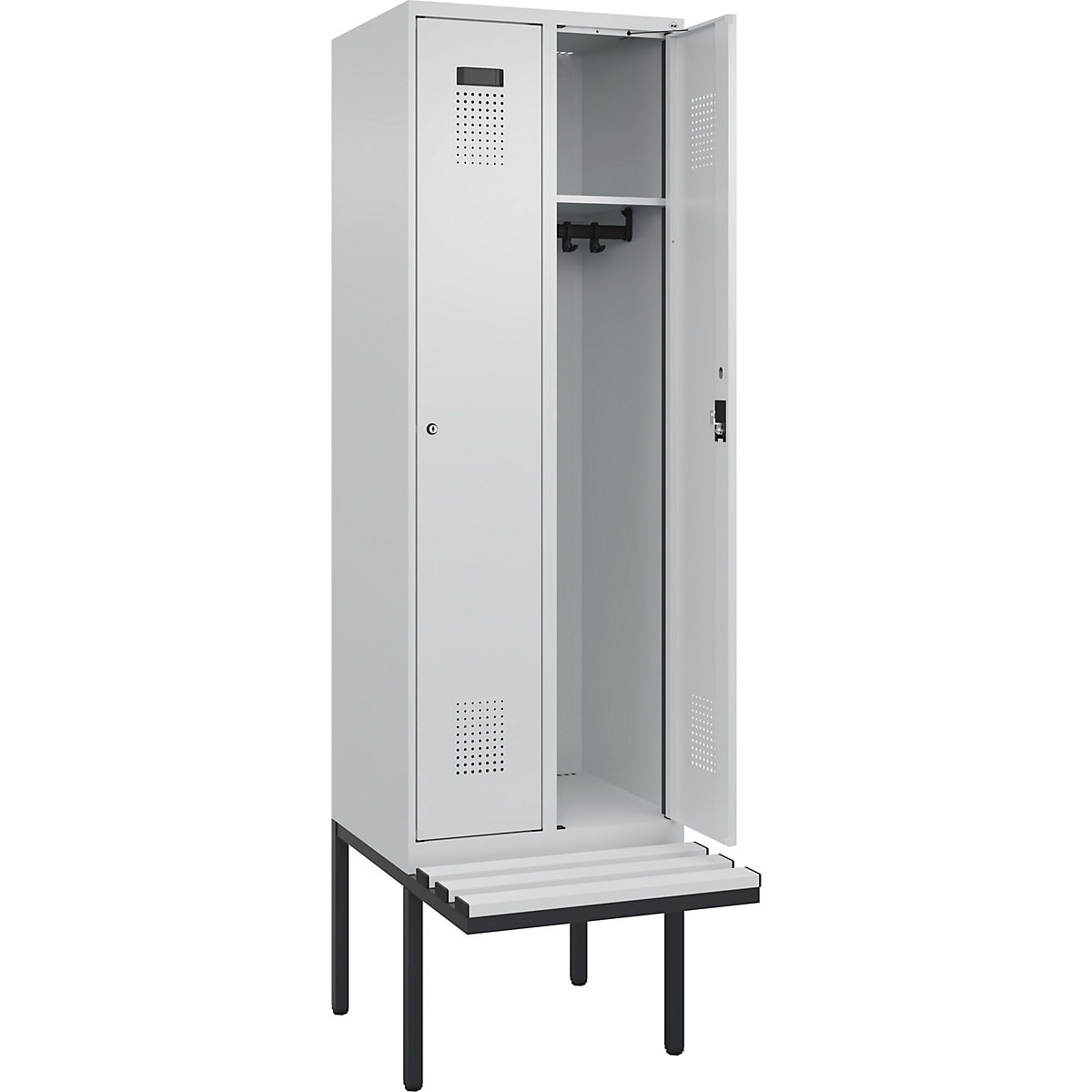 Cacifo Evolo PLUS com banco, 2 compartimentos, cinzento claro/cinzento claro, L 600 mm, fechadura de cilindro, com banco saliente, plástico-0
