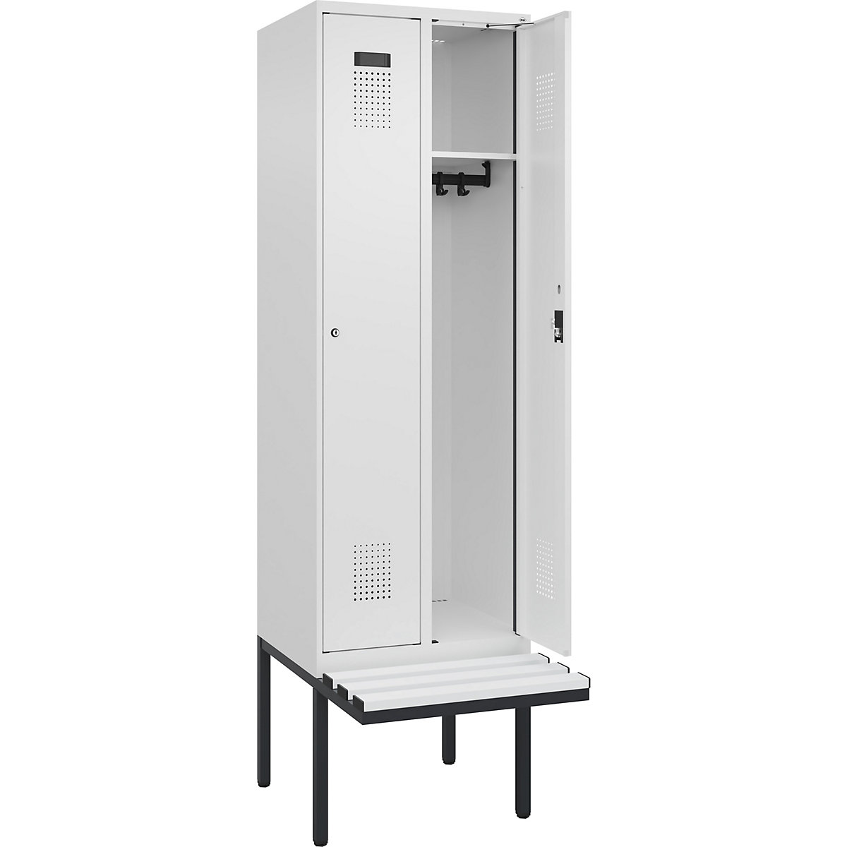 Cacifo Evolo PLUS com banco, 2 compartimentos, branco, L 600 mm, fechadura de cilindro, com banco saliente, plástico-0