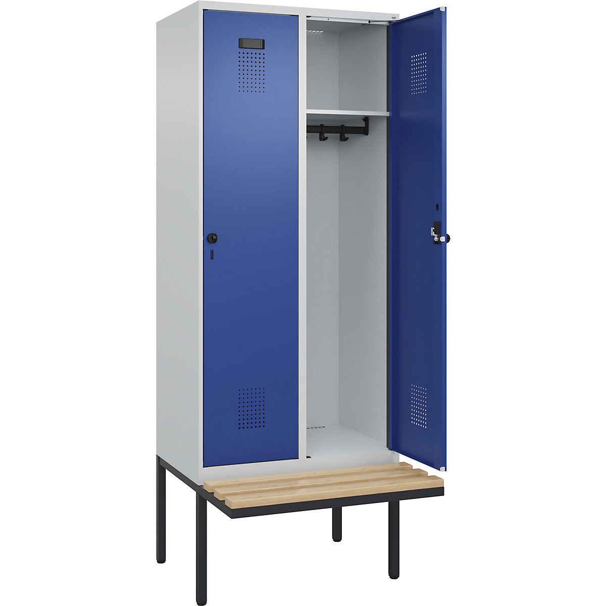 Cacifo Evolo PLUS com banco, 2 compartimentos, cinzento claro/azul genciana, L 800 mm, trinco de segurança rotativo, com banco saliente, faia-0