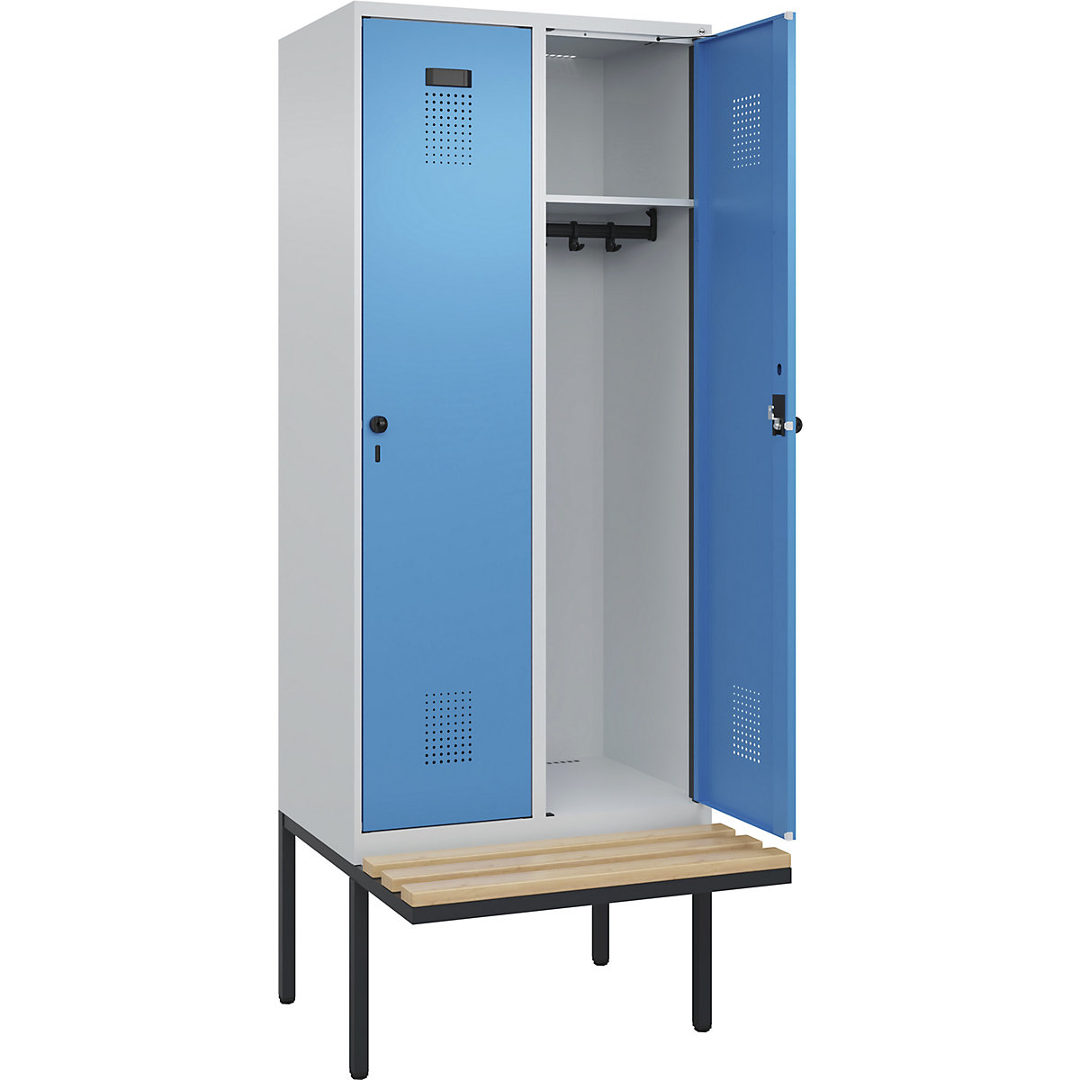 Cacifo Evolo PLUS com banco, 2 compartimentos, cinzento claro/azul claro, L 800 mm, trinco de segurança rotativo, com banco saliente, faia-0
