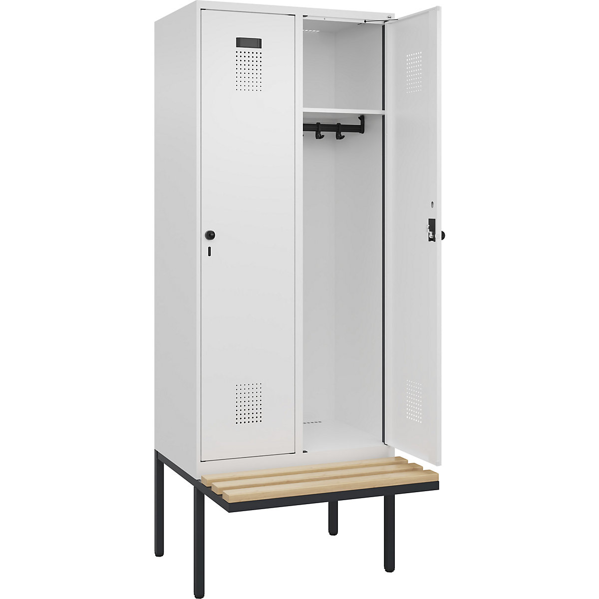 Cacifo Evolo PLUS com banco, 2 compartimentos, branco, L 800 mm, trinco de segurança rotativo, com banco saliente, faia-0