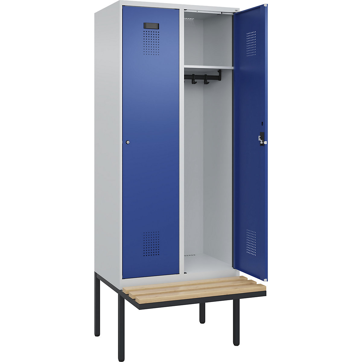 Cacifo Evolo PLUS com banco, 2 compartimentos, cinzento claro/azul genciana, L 800 mm, fechadura de cilindro, com banco saliente, faia-0