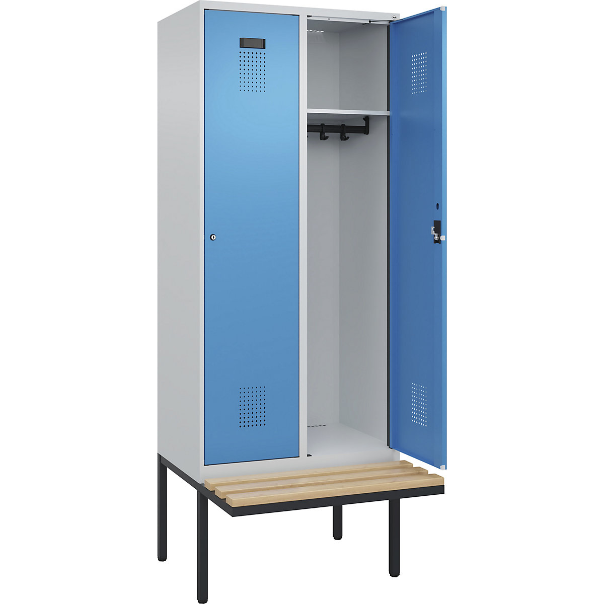 Cacifo Evolo PLUS com banco, 2 compartimentos, cinzento claro/azul claro, L 800 mm, fechadura de cilindro, com banco saliente, faia-0
