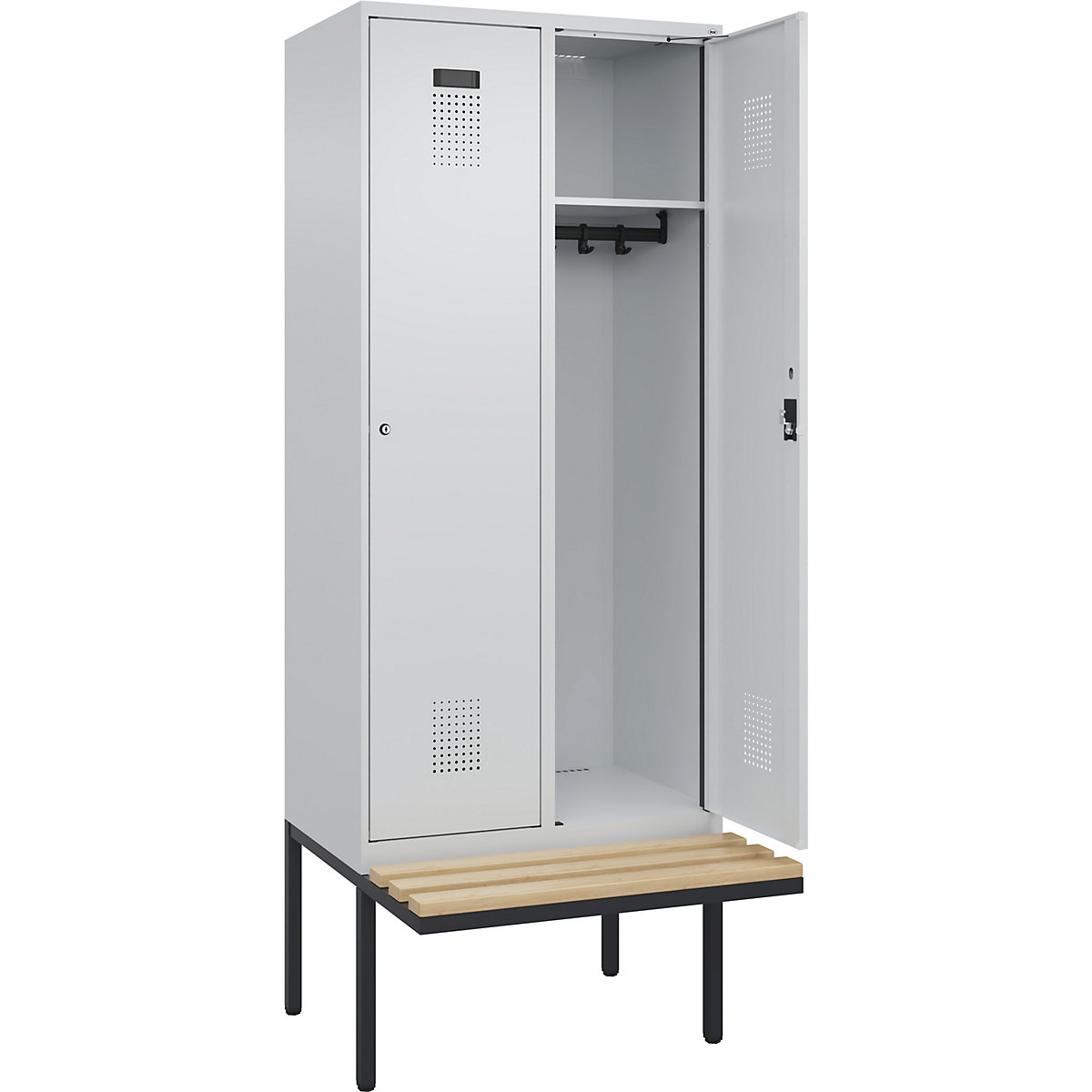 Cacifo Evolo PLUS com banco, 2 compartimentos, cinzento claro/cinzento claro, L 800 mm, fechadura de cilindro, com banco saliente, faia-0